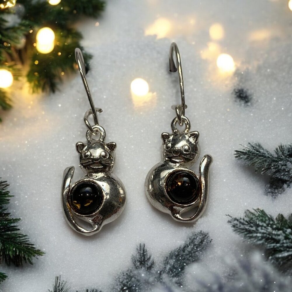 Sterling Silver 925 Green Baltic Amber Cat Drop Dangle Earrings